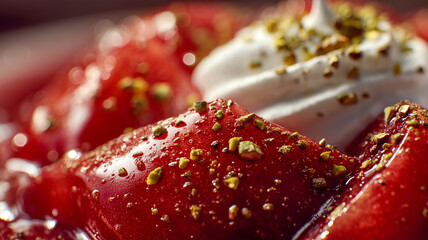 Macro close up of glazed strawberry dessert with whipped cream and crushed pistachios, rich texture and vibrant colors, gourmet sweet food concept, indulgent pastry background