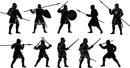 Obraz premium Black silhouette set of medieval knights and armored warriors in battle stances with swords spears and shields isolated on white background for historical design.