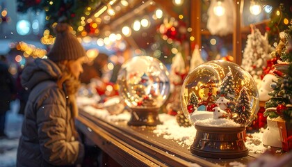 A person gazes at snow globes on a wooden stall amidst a festive Christmas market. Warm lights, festive decor, and snowy ambiance create a magical scene