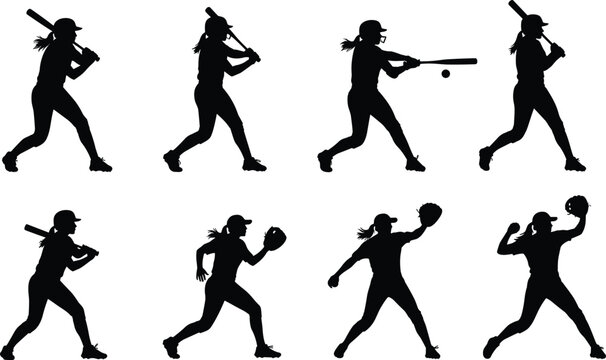 Black softball player silhouettes set featuring female athletes batting pitching fielding and catching in various professional sports poses on white background.