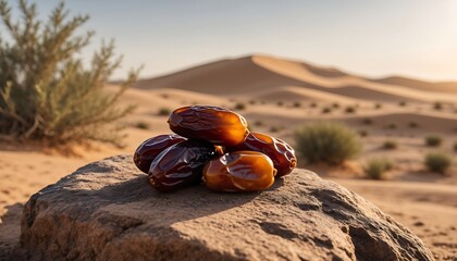 Dates fruit with blurred desert background, natural Middle Eastern atmosphere highlighting warm tones and authentic texture, ideal for food, culture, travel, and Ramadan themes.