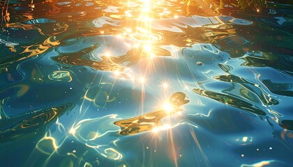 Close-up of water surface with sunlight piercing through. Intense light reflects on shimmering waves, creating bright spots