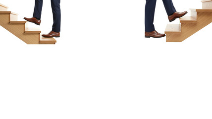 Man stepping up stairs isolated on white background, symbolizing career growth, success, progress, achievement, and personal development.