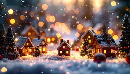 Miniature village dusted in snow, illuminated by warm lights, festive trees, and floating bokeh