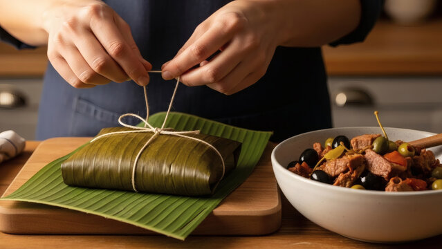 Traditional Hallaca Tamales Being Tied In Banana Leaves Authentic Kitchen