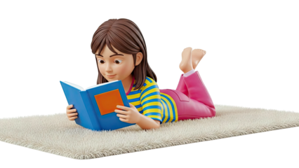 3D Rendered Girl Reading a Book on a Shaggy Rug