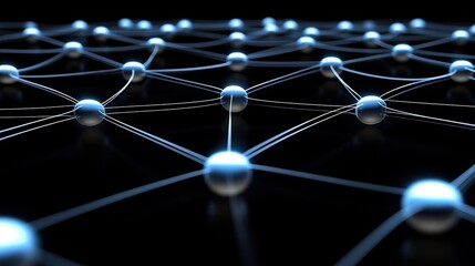 Luminous blue spheres connected by thin lines form a complex digital network across a dark surface