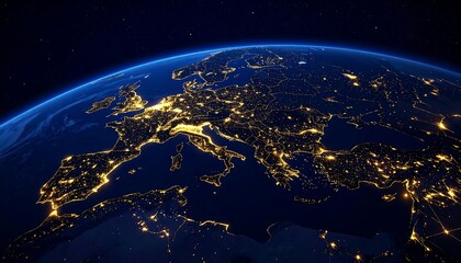 Earth at night, highlighting European continent with bright city lights glowing against dark outer space and blue atmosphere