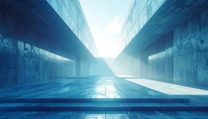 Modern architectural composition featuring a passage between two high concrete structures. Soft lighting highlights the textured surfaces