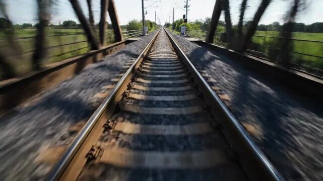 High speed dynamic forward moving point of view shot over straight railroad tracks and ballast crossing an industrial truss bridge through sunny green countryside