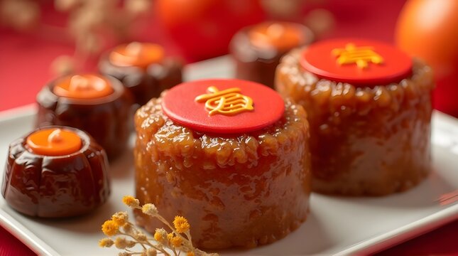 Close-up of Nian Gao (Chinese New Year sticky rice cake) symbolizing good luck, featuring the character 'Fu' on a red festive background.