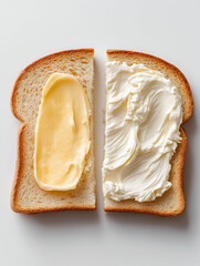 Close-up shot of two different spreads on slices of bread, showcasing a creamy butter and a smooth cream cheese. Perfect for food lovers.