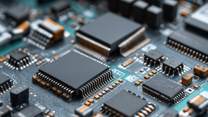 Electronic components are neatly arranged with IC microchips and diodes neatly arranged in a modern technology concept.