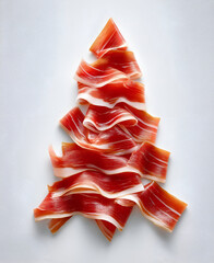 Artfully arranged slices of cured ham resembling a festive Christmas tree, creating a unique and appetizing visual for culinary delights and holiday celebrations.