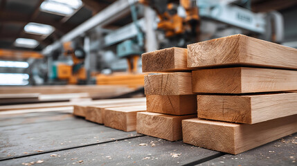 A close-up view of neatly stacked wooden planks on a workshop floor, showcasing the craftsmanship and raw materials used in woodworking projects.