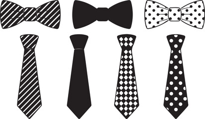 Black and white vector illustration of various formal ties and bow ties. Features striped, polka dot, and solid designs, perfect for fashion accessory concepts and elegant attire