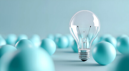 A glass light bulb stands out in a sea of blue spheres, symbolizing innovation and creativity in technology and design. Perfect for modern light concepts.