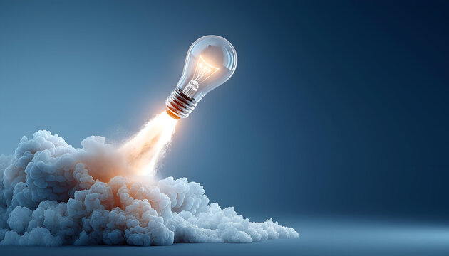 A light bulb takes off like a rocket, symbolizing innovative ideas and creativity launching into the future amidst a cloud of smoke.
