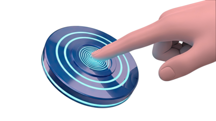 Finger touching glowing concentric circles on a blue button