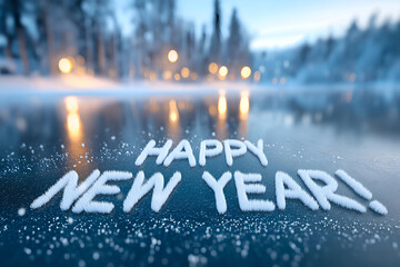 A serene winter scene with the words 'Happy New Year' written in snow, evoking feelings of joy and celebration during the festive season.
