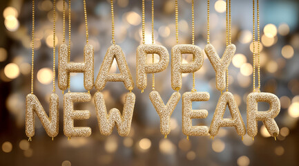 A festive display of sparkly letters forming 'Happy New Year,' suspended against a backdrop of shimmering golden lights, symbolizing celebration and joy.