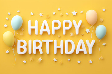 Celebrate joyfully with colorful birthday decorations featuring balloons and festive lettering on a vibrant yellow background, perfect for any birthday party.