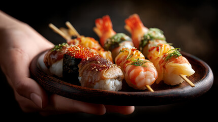 A beautifully arranged plate of sushi featuring various types including shrimp and garnish, perfect for culinary enthusiasts and food lovers.