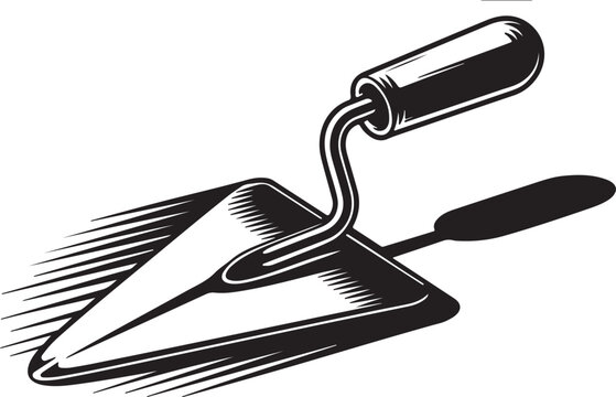 A minimalist illustration of a trowel, a construction tool for spreading mortar or cement, rendered in black and white with a shadow