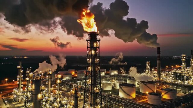 Aerial view of massive oil refinery complex burning gas flare at sunset atmospheric industrial energy production