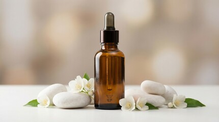 Amber glass bottle with jasmine flower and stones mockup