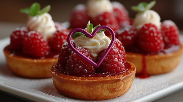 Close view of heart shaped dessert with fresh raspberries and cream, decorated by hand. For Valentine promotion videos for bakeries, cafes, pastry shops, menus, ads, social media, and romance themes.