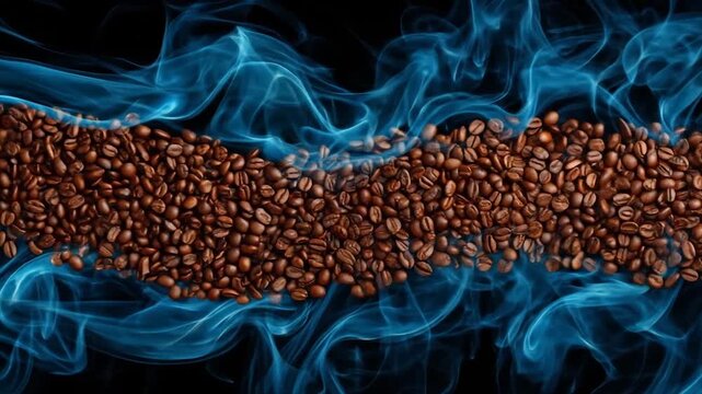 Roasted coffee beans with blue vapor on black background