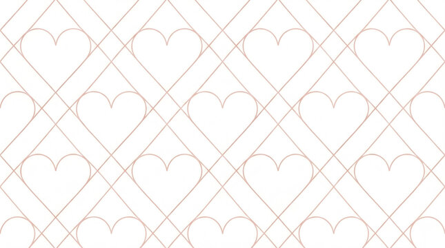Seamless geometric heart pattern with diamond grid lines. Minimalist rose gold lattice background for Valentine's Day or wedding