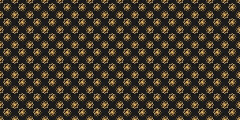 Fototapeta premium Luxury seamless pattern with gold geometric floral mandalas on black background. Elegant oriental ornament for premium wallpaper, textile, or corporate identity branding.