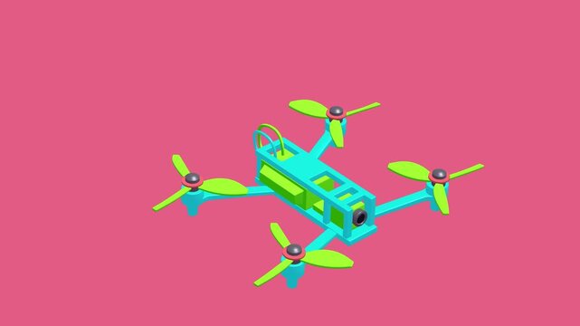 FPV Tactical Drone Flying Loop - 3D animation isolated on white background. Remote control air drone. Dron flying with action video camera.