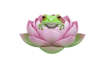 Green frog perched in a pink lotus flower