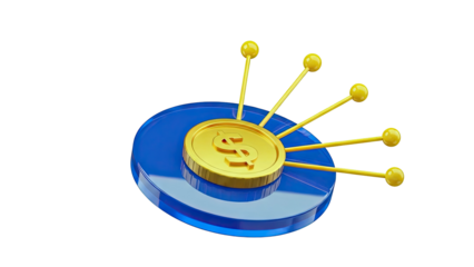 Golden Dollar Coin on Blue Base with Yellow Spokes