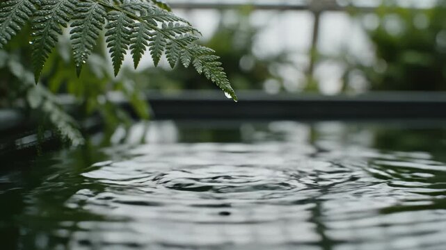 Fern Frond Dripping Water Into a Pond