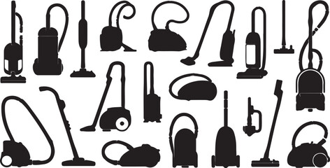 Obraz premium A collection of black and white silhouette illustrations of various types of vacuum cleaners, showcasing different designs and functionalities for cleaning purposes