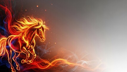 A fiery horse with flames and smoke on a white background.