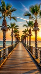 Fototapeta premium Palmlined Rimini seaside pier stretches into the Adriatic Sea at sunset