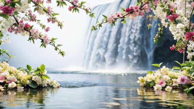 Vibrant blooms surround a serene twocolor water frame waterfall amidst lush greenery with delicate cherry blossom flowers and ornamental agastache an