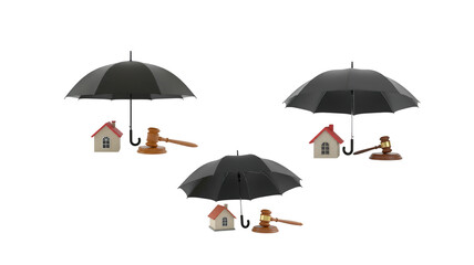 Small house protected under a black umbrella with a gavel isolated on white background. Concept of home insurance, legal protection, security, risk management, and property safety.