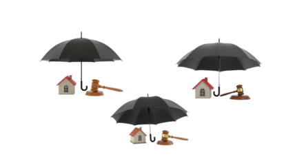 Small house protected under a black umbrella with a gavel isolated on white background. Concept of home insurance, legal protection, security, risk management, and property safety.