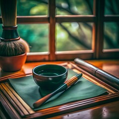 japanese tea ceremony setup with bamboo whisk ceramic bowl and natural light near window