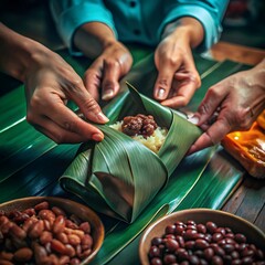 traditional food wrapping with banana leaves and sticky rice in cultural cooking preparation scene