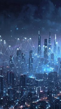 A futuristic city glows under a twilight sky  its towering skyscrapers interconnected by shimmering blue data streams %E2%80%94 a digital metropolis alive with intelligence  innovation  and the seamle