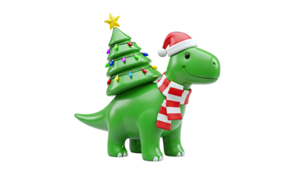 Cute Christmas Dinosaur with Tree and Santa Hat