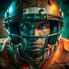 american football player in helmet with intense eyes and dramatic smoky background before game