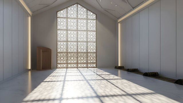 Modern White Mosque Interior with Wooden Mimbar Pulpit and Rolled Rugs - Minimalist Islamic Friday Prayer Hall Concept